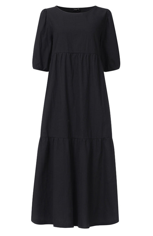 Blue Zone Planet | Linen Blend Round Neck Puff Sleeve Babydoll Midi Dress BLUE ZONE PLANET