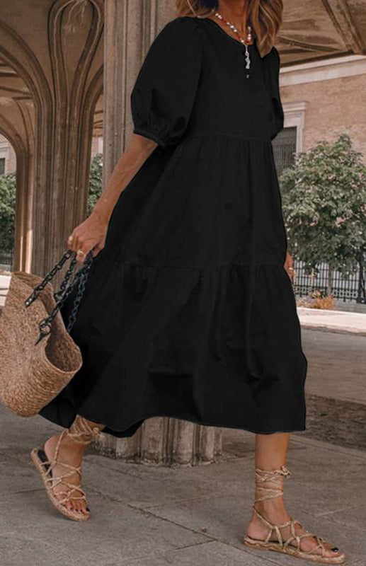 Blue Zone Planet | Linen Blend Round Neck Puff Sleeve Babydoll Midi Dress BLUE ZONE PLANET