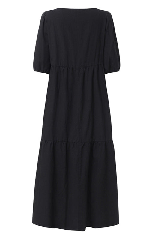 Blue Zone Planet | Linen Blend Round Neck Puff Sleeve Babydoll Midi Dress BLUE ZONE PLANET