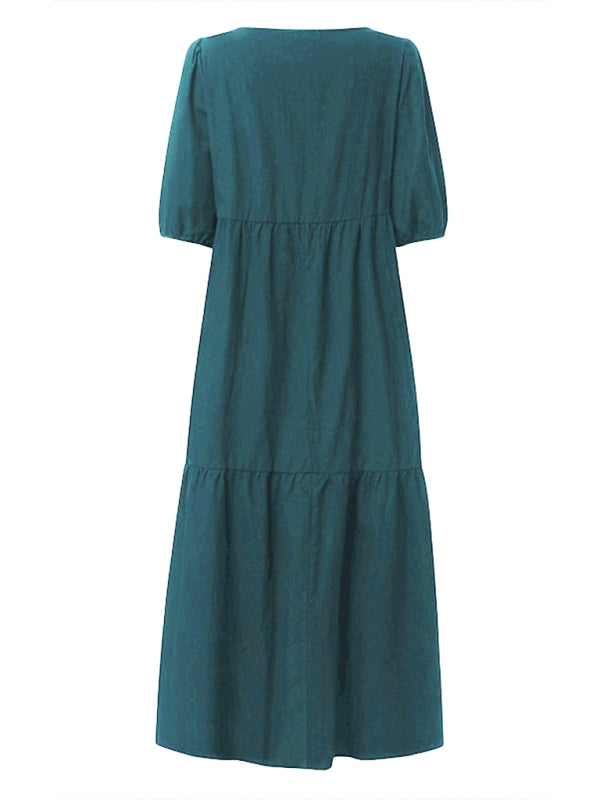 Blue Zone Planet | Linen Blend Round Neck Puff Sleeve Babydoll Midi Dress BLUE ZONE PLANET
