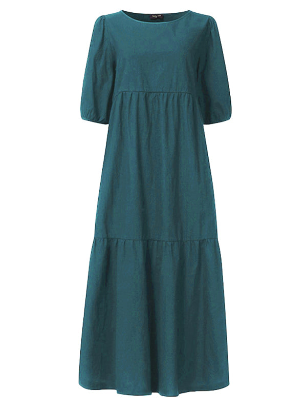 Blue Zone Planet | Linen Blend Round Neck Puff Sleeve Babydoll Midi Dress BLUE ZONE PLANET