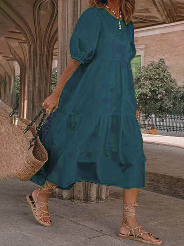 Blue Zone Planet | Linen Blend Round Neck Puff Sleeve Babydoll Midi Dress BLUE ZONE PLANET