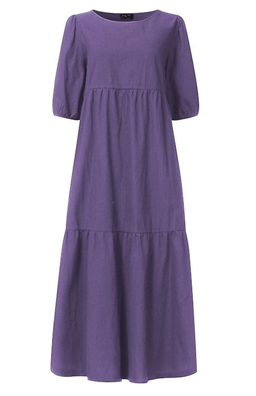 Blue Zone Planet | Linen Blend Round Neck Puff Sleeve Babydoll Midi Dress BLUE ZONE PLANET