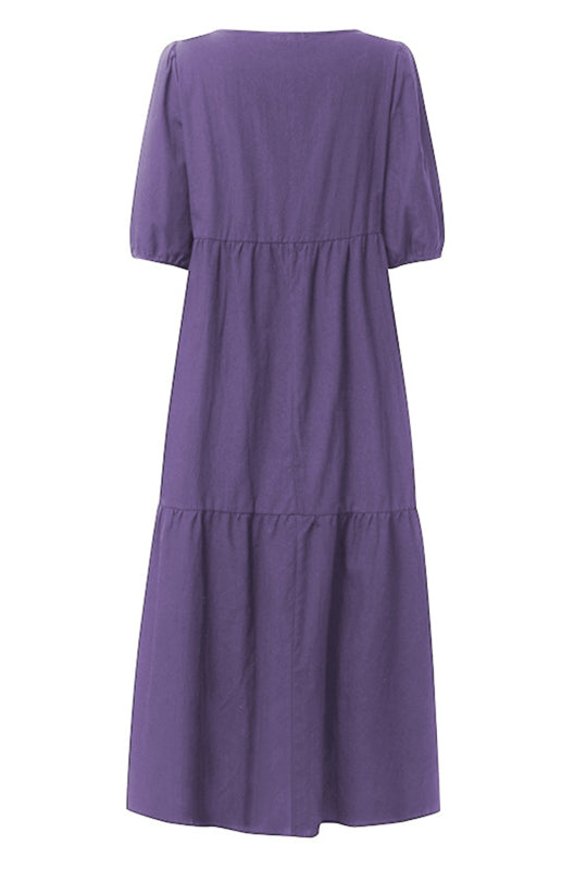 Blue Zone Planet | Linen Blend Round Neck Puff Sleeve Babydoll Midi Dress BLUE ZONE PLANET