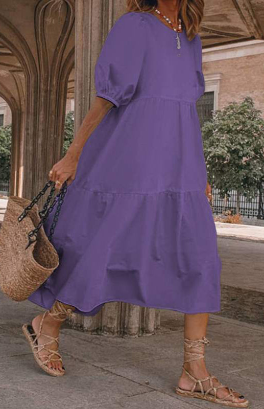 Blue Zone Planet | Linen Blend Round Neck Puff Sleeve Babydoll Midi Dress BLUE ZONE PLANET