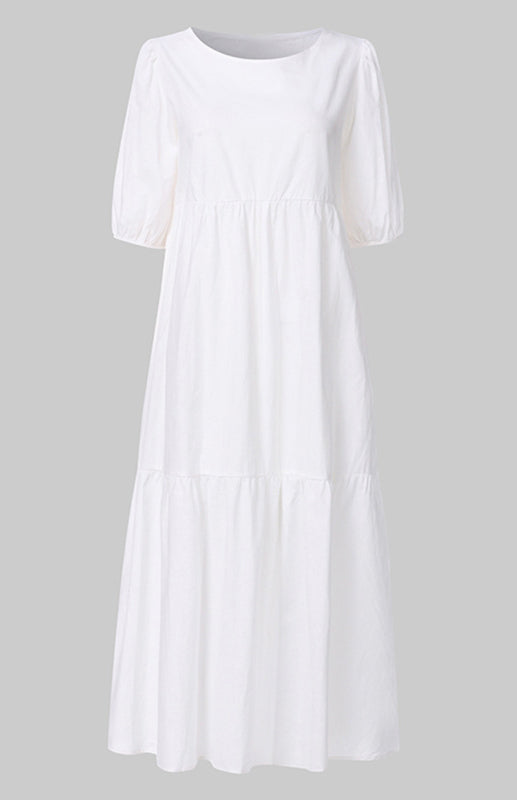 Blue Zone Planet | Linen Blend Round Neck Puff Sleeve Babydoll Midi Dress BLUE ZONE PLANET