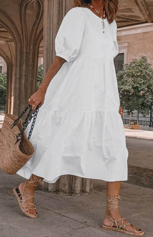 Blue Zone Planet | Linen Blend Round Neck Puff Sleeve Babydoll Midi Dress BLUE ZONE PLANET