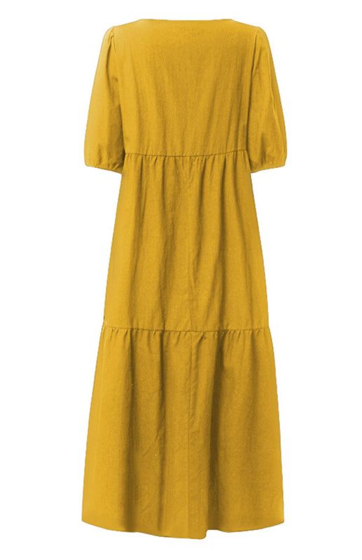 Blue Zone Planet | Linen Blend Round Neck Puff Sleeve Babydoll Midi Dress BLUE ZONE PLANET