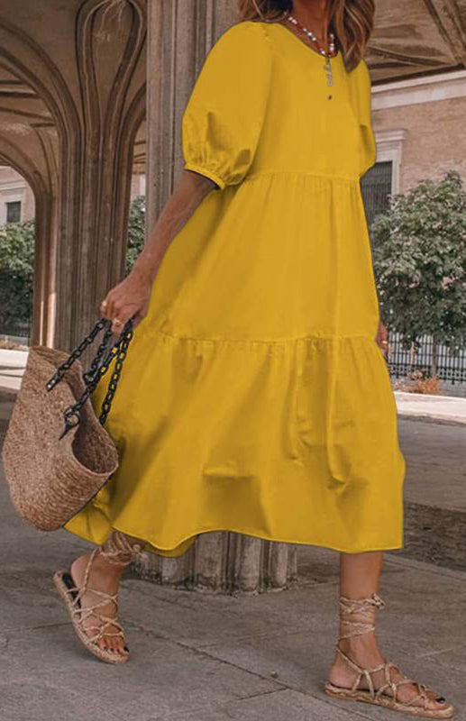 Blue Zone Planet | Linen Blend Round Neck Puff Sleeve Babydoll Midi Dress BLUE ZONE PLANET