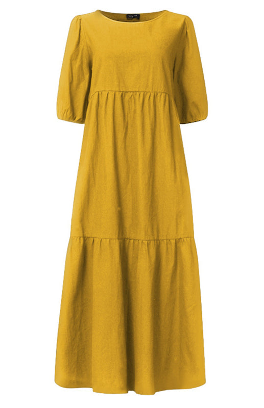 Blue Zone Planet | Linen Blend Round Neck Puff Sleeve Babydoll Midi Dress BLUE ZONE PLANET