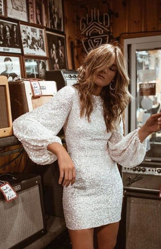 balloon sleeve glitter dress MULTI STRIPE SEQUIN WRAP DRESS WITH BALLOON SLEEVE Arelia's Dream