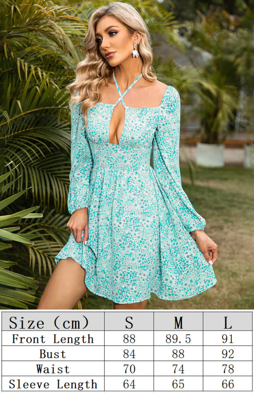 Ladies Square Neck Cross Lace Small Floral Waist Dress BLUE ZONE PLANET