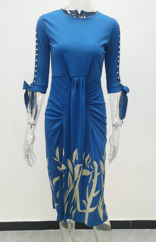 Round Neck Print Cutout Lace-up Pleated Dress BLUE ZONE PLANET