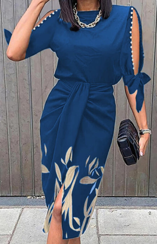 Round Neck Print Cutout Lace-up Pleated Dress BLUE ZONE PLANET