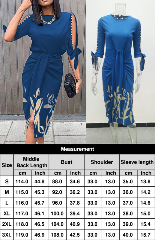 Round Neck Print Cutout Lace-up Pleated Dress BLUE ZONE PLANET