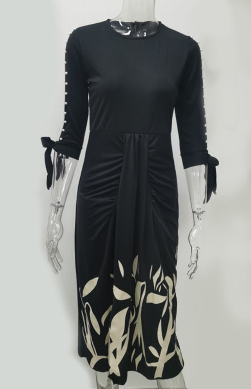 Round Neck Print Cutout Lace-up Pleated Dress BLUE ZONE PLANET