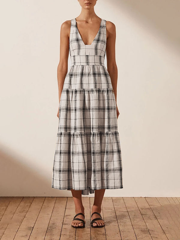 Blue Zone Planet | Deep V Open Back Check Dress BLUE ZONE PLANET