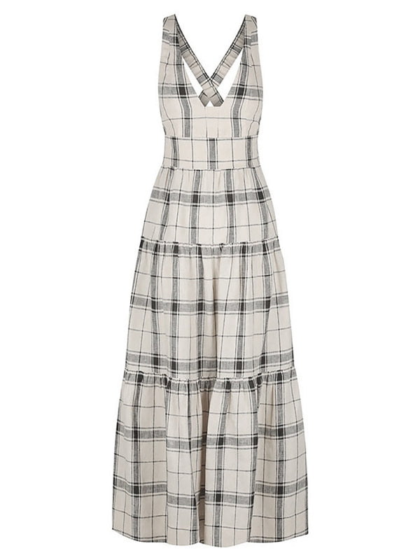 Blue Zone Planet | Deep V Open Back Check Dress BLUE ZONE PLANET