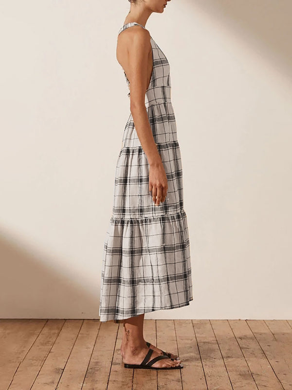 Blue Zone Planet | Deep V Open Back Check Dress BLUE ZONE PLANET