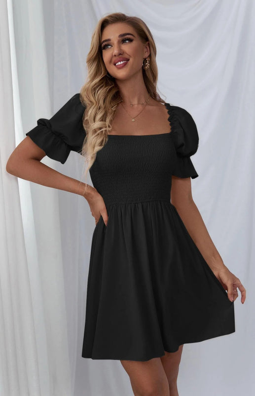 Puff Sleeve Short Sleeve Solid Color Dress kakaclo