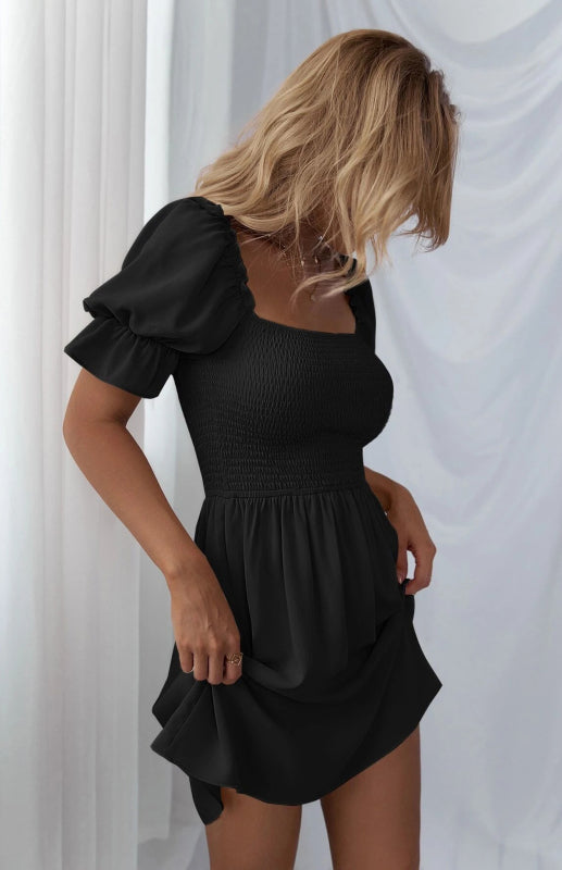 Puff Sleeve Short Sleeve Solid Color Dress kakaclo