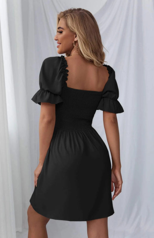 Puff Sleeve Short Sleeve Solid Color Dress kakaclo