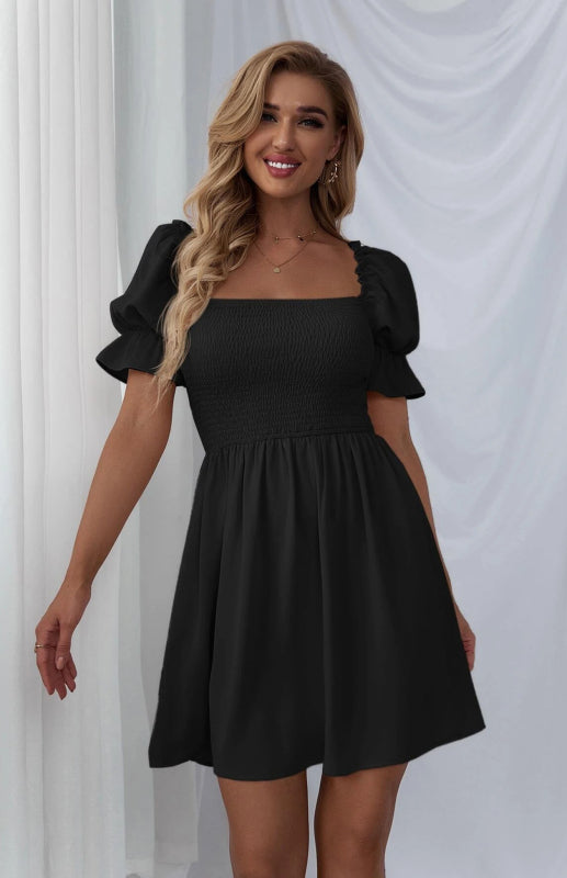 Puff Sleeve Short Sleeve Solid Color Dress kakaclo