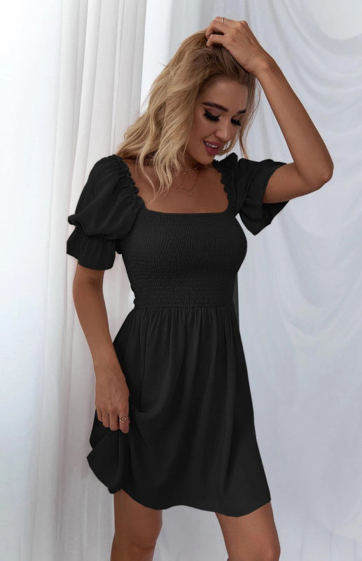 Puff Sleeve Short Sleeve Solid Color Dress kakaclo