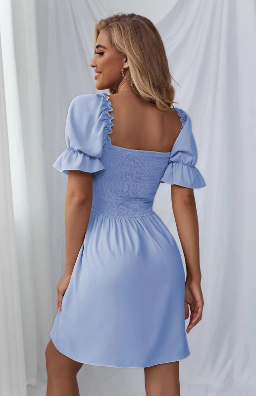 Puff Sleeve Short Sleeve Solid Color Dress kakaclo