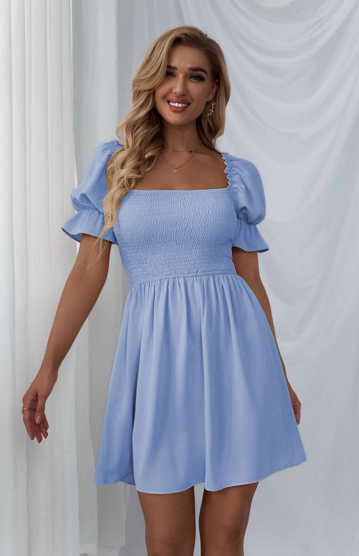 Puff Sleeve Short Sleeve Solid Color Dress kakaclo