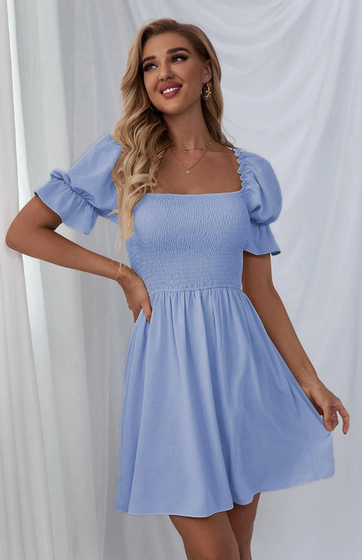 Puff Sleeve Short Sleeve Solid Color Dress kakaclo