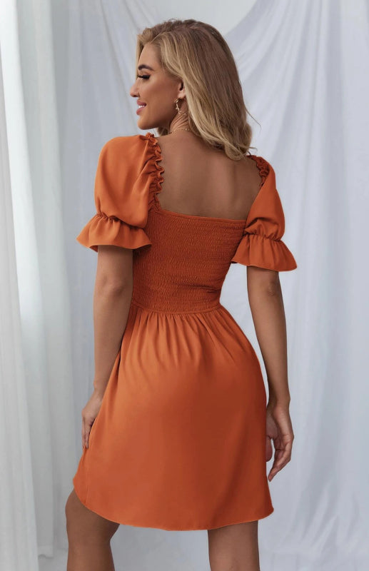 Puff Sleeve Short Sleeve Solid Color Dress kakaclo