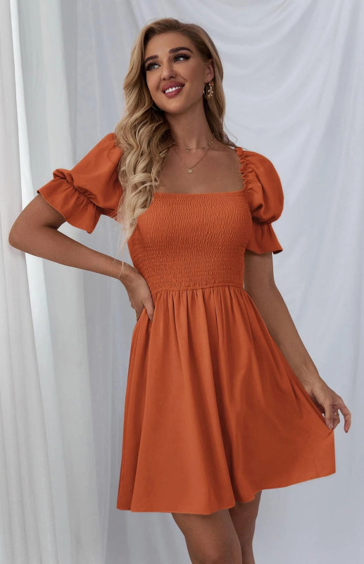 Puff Sleeve Short Sleeve Solid Color Dress kakaclo