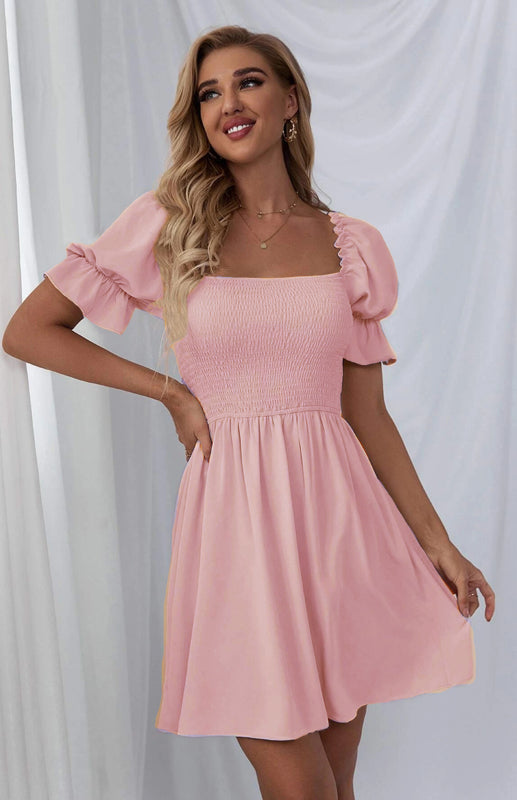 Puff Sleeve Short Sleeve Solid Color Dress kakaclo