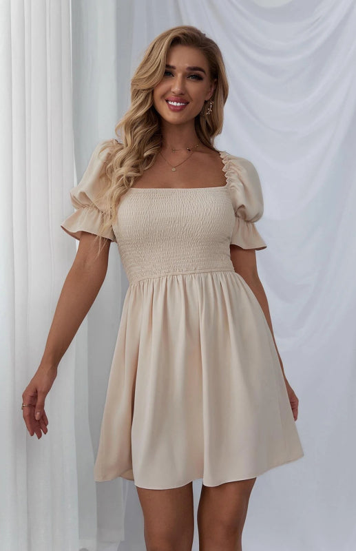 Puff Sleeve Short Sleeve Solid Color Dress kakaclo