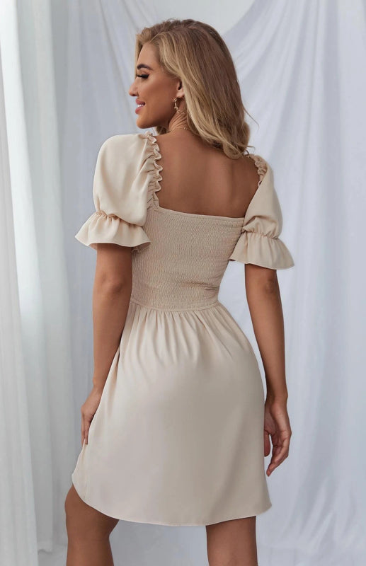 Puff Sleeve Short Sleeve Solid Color Dress kakaclo