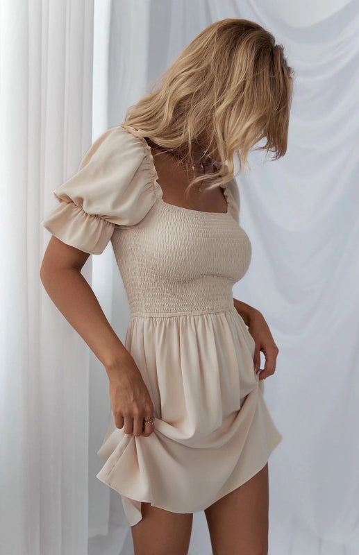 Puff Sleeve Short Sleeve Solid Color Dress kakaclo