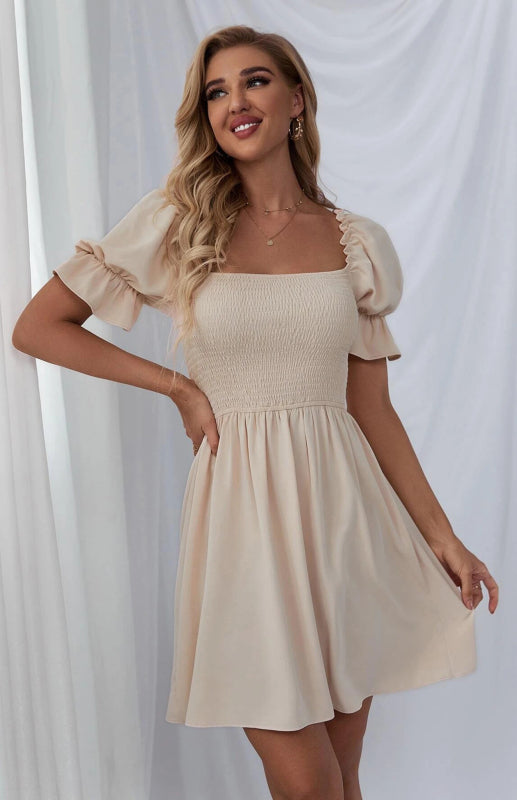 Puff Sleeve Short Sleeve Solid Color Dress kakaclo