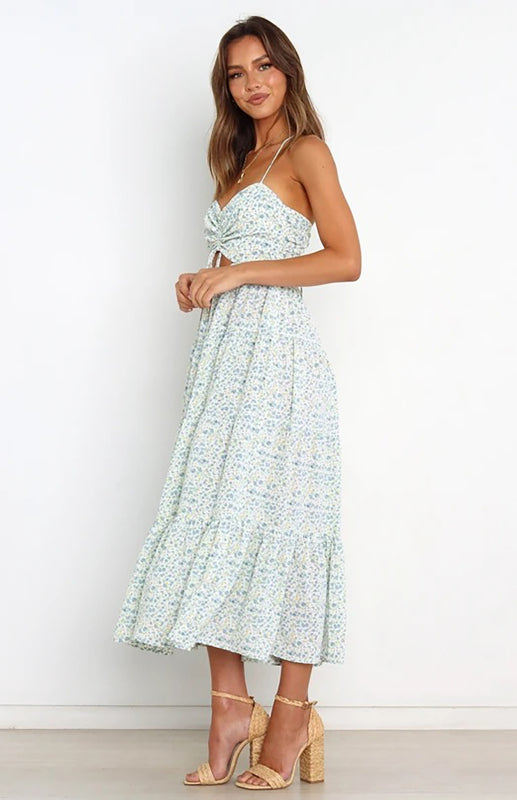 Blue Zone Planet | Women's Sling Gathered Floral Cutout Dress kakaclo