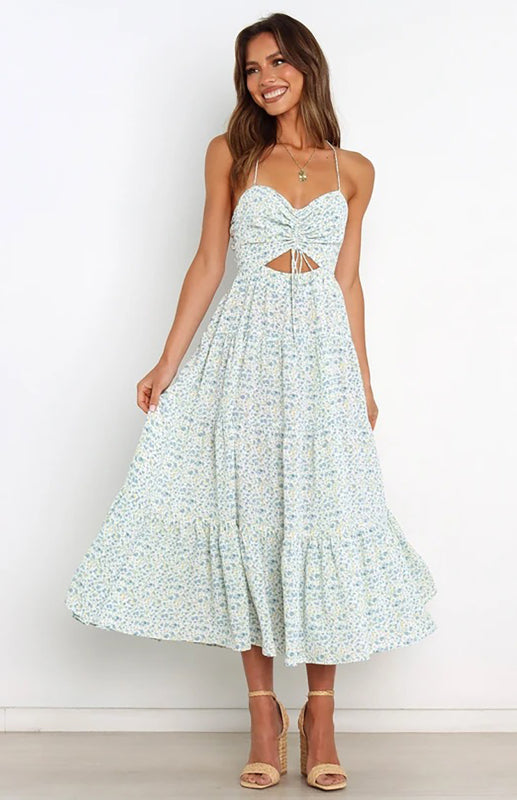 Blue Zone Planet | Women's Sling Gathered Floral Cutout Dress kakaclo