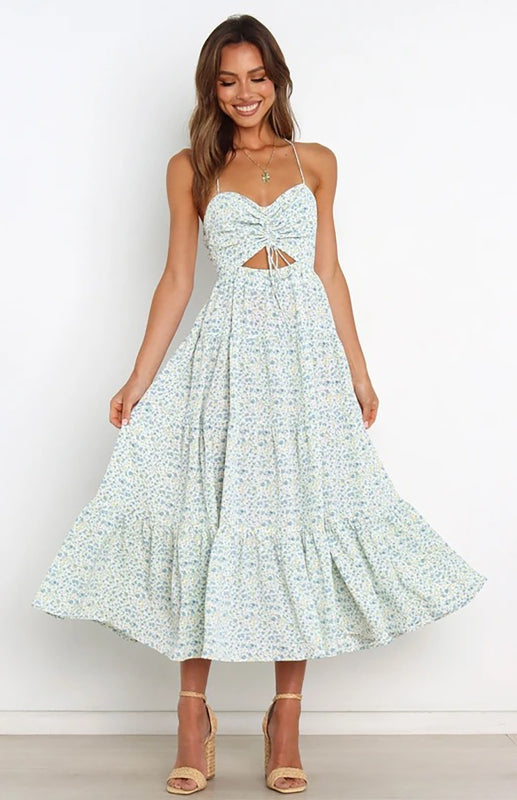 Blue Zone Planet | Women's Sling Gathered Floral Cutout Dress kakaclo