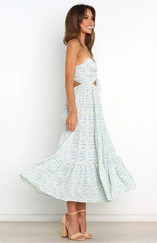 Blue Zone Planet | Women's Sling Gathered Floral Cutout Dress kakaclo