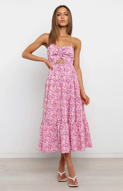 Blue Zone Planet | Women's Sling Gathered Floral Cutout Dress kakaclo