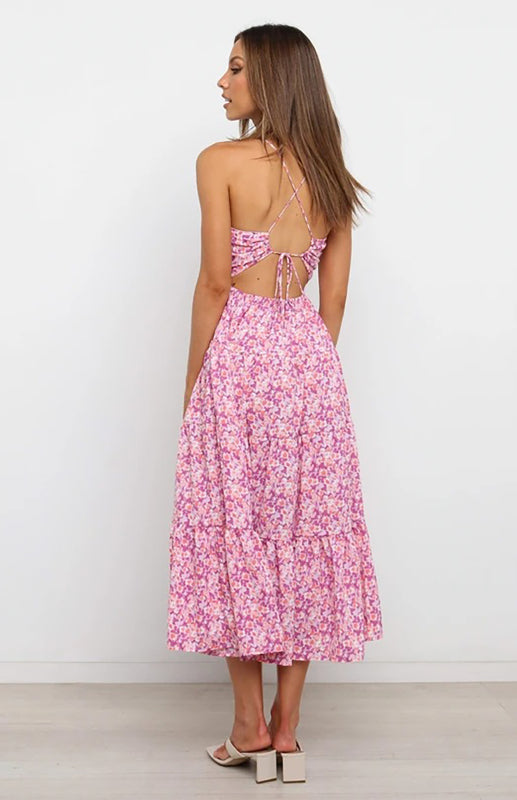 Blue Zone Planet | Women's Sling Gathered Floral Cutout Dress kakaclo