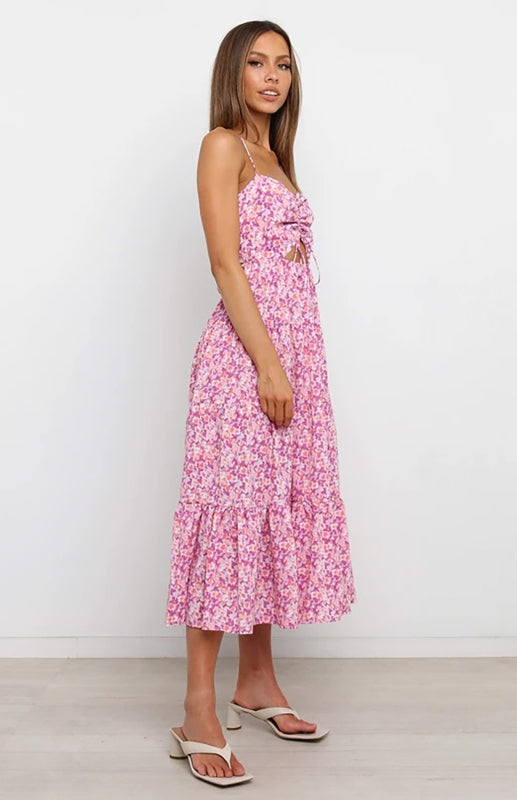 Blue Zone Planet | Women's Sling Gathered Floral Cutout Dress kakaclo