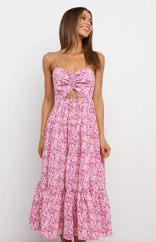 Blue Zone Planet | Women's Sling Gathered Floral Cutout Dress kakaclo