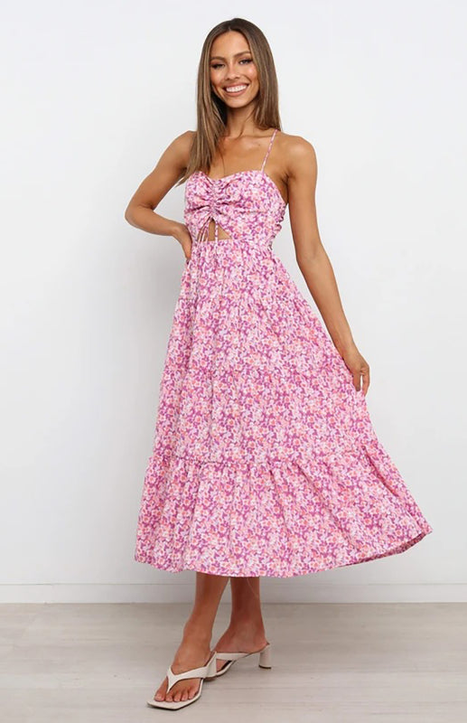 Blue Zone Planet | Women's Sling Gathered Floral Cutout Dress kakaclo