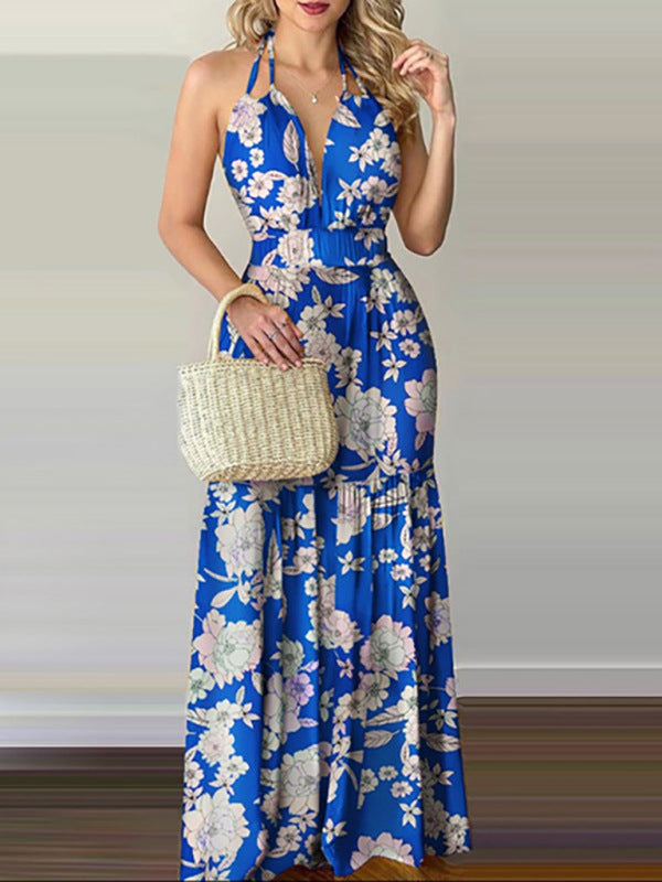 Blue Zone Planet | Halterneck Tie V-neck Floral Print Open-back Maxi Dress BLUE ZONE PLANET