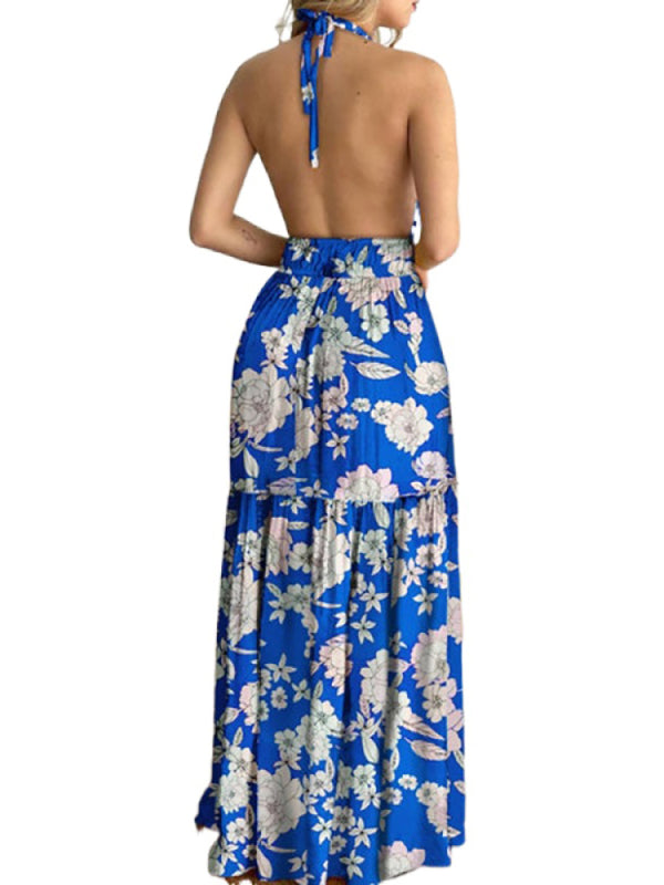 Blue Zone Planet | Halterneck Tie V-neck Floral Print Open-back Maxi Dress BLUE ZONE PLANET