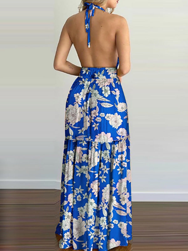Blue Zone Planet | Halterneck Tie V-neck Floral Print Open-back Maxi Dress BLUE ZONE PLANET